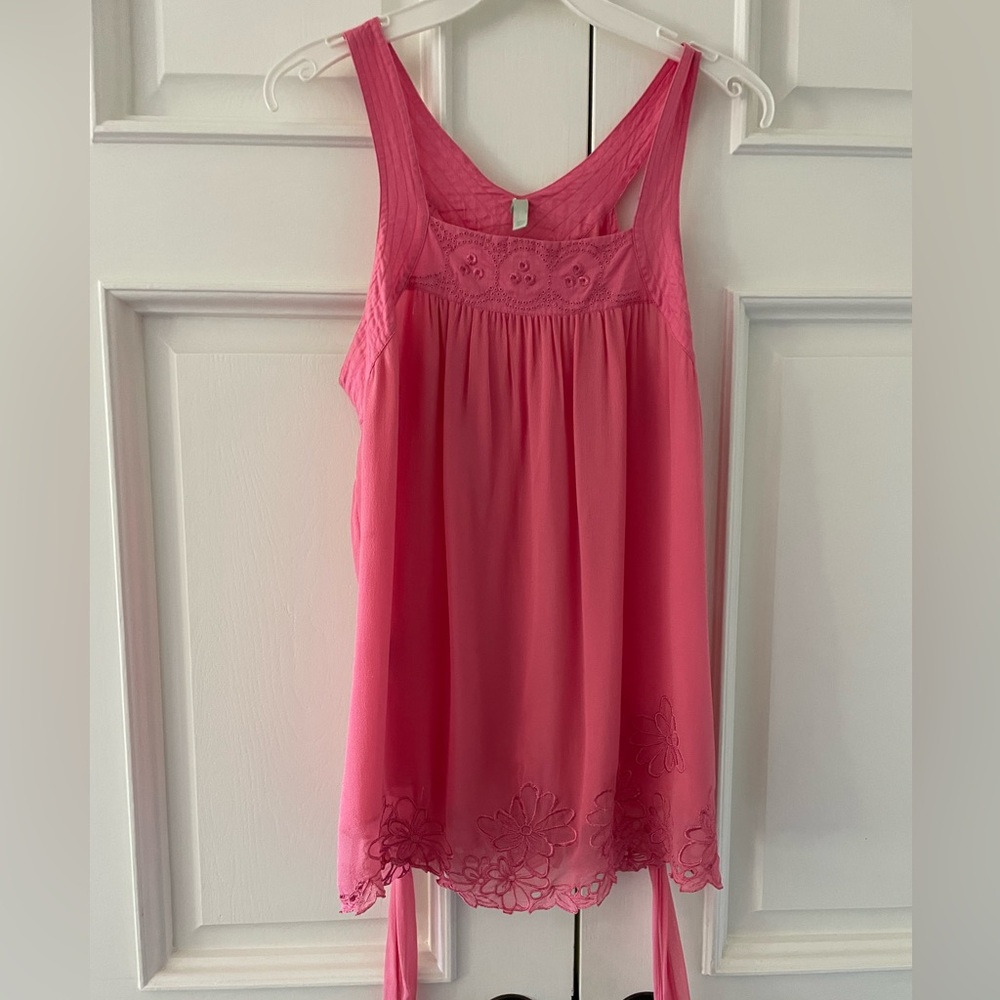Pink chiffon embroidered tank top with self-tie by MINT, size 4
